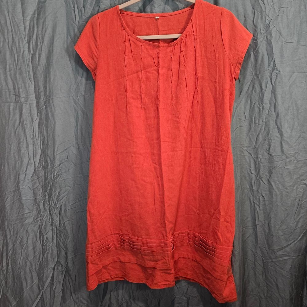 Elegant Deep Orange Short Sleeve Tunic Dress, Size Small